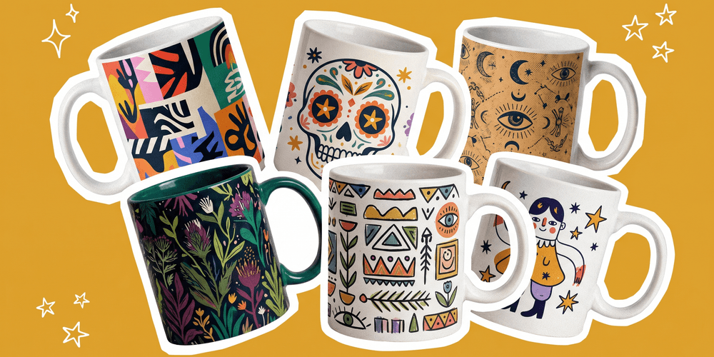Collection of custom printed standard and tall ceramic mugs from Wicked Prints