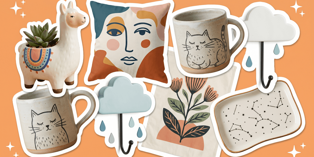 Quirky home and living accessories including custom mugs, cushions, and blankets